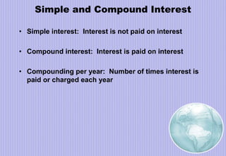 Simple and Compound Interest
• Simple interest: Interest is not paid on interest
• Compound interest: Interest is paid on interest
• Compounding per year: Number of times interest is
paid or charged each year
 