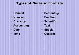 Types of Numeric Formats
 General
 Number
 Currency
 Accounting
 Date
 Time
 Percentage
 Fraction
 Scientific
 Text
 Special
 Custom
 