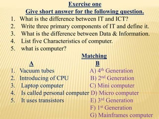 Exercise one
Give short answer for the following question.
1. What is the difference between IT and ICT?
2. Write three primary components of IT and define it.
3. What is the difference between Data & Information.
4. List five Characteristics of computer.
5. what is computer?
Matching
A B
1. Vacuum tubes A) 4th Generation
2. Introducing of CPU B) 2nd Generation
3. Laptop computer C) Mini computer
4. Is called personal computer D) Micro computer
5. It uses transistors E) 3rd Generation
F) 1st Generation
G) Mainframes computer
 