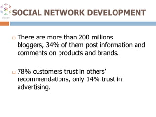 SOCIAL NETWORK DEVELOPMENTThere are more than 200 millions bloggers, 34% of them post information and comments on products and brands.78% customers trust in others’ recommendations, only 14% trust in advertising.