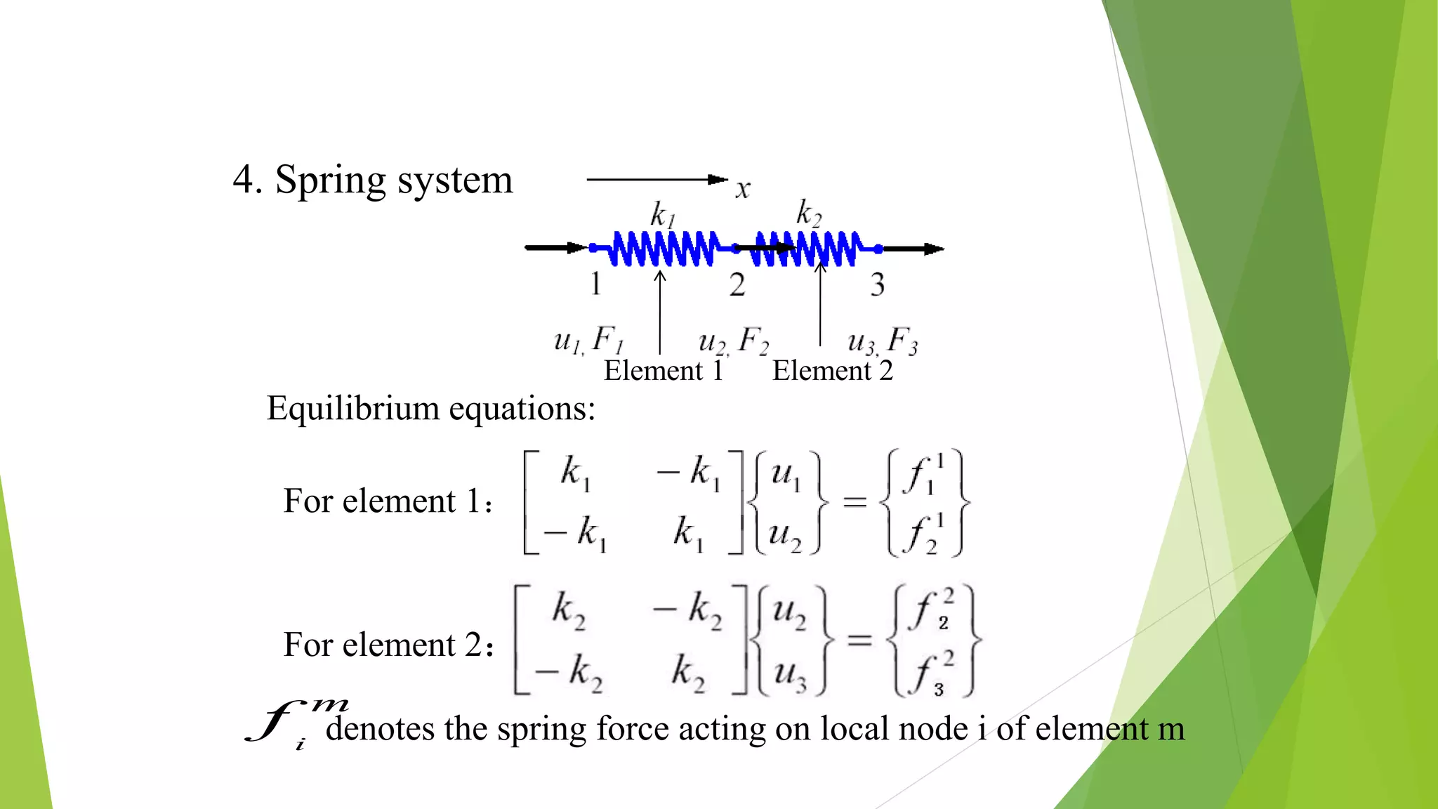 Equilibrium equations:
For element 2：
4. Spring system
For element 1：
Element 1 Element 2
denotes the spring force acting on local node i of element mi
m
f
 