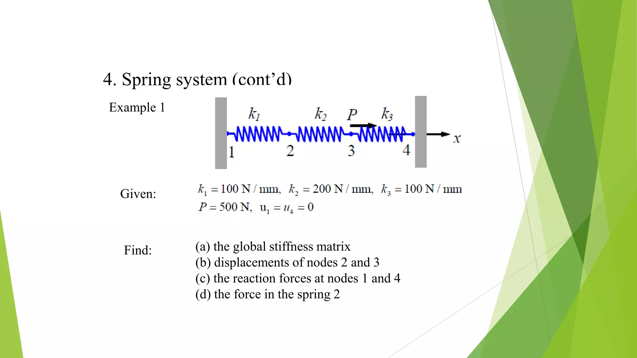 4. Spring system (cont’d)
Example 1
Given:
Find: (a) the global stiffness matrix
(b) displacements of nodes 2 and 3
(c) the reaction forces at nodes 1 and 4
(d) the force in the spring 2
 