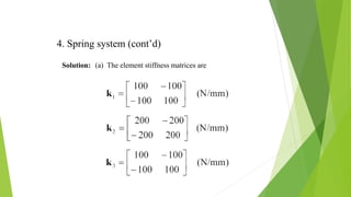 4. Spring system (cont’d)
Solution: (a) The element stiffness matrices are
 