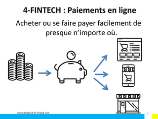 4-FINTECH : Paiements en ligne
Acheter ou se faire payer facilement de
presque n’importe où.
Icons designed by freepik.com 8
 