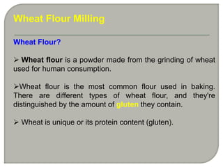 Wheat Flour Milling
Wheat Flour?
 Wheat flour is a powder made from the grinding of wheat
used for human consumption.
Wheat flour is the most common flour used in baking.
There are different types of wheat flour, and they're
distinguished by the amount of gluten they contain.
 Wheat is unique or its protein content (gluten).
 