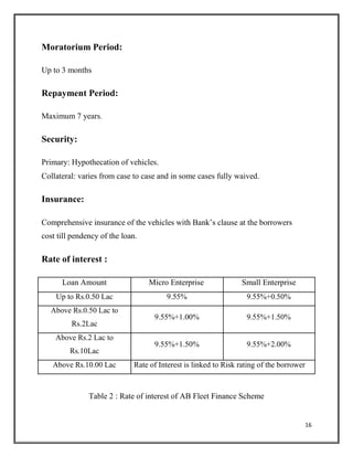 Moratorium Period:
Up to 3 months
Repayment Period:
Maximum 7 years.
Security:
Primary: Hypothecation of vehicles.
Collateral: varies from case to case and in some cases fully waived.
Insurance:
Comprehensive insurance of the vehicles with Bank’s clause at the borrowers
cost till pendency of the loan.
Rate of interest :
Loan Amount Micro Enterprise Small Enterprise
Up to Rs.0.50 Lac 9.55% 9.55%+0.50%
Above Rs.0.50 Lac to
9.55%+1.00% 9.55%+1.50%
Rs.2Lac
Above Rs.2 Lac to
9.55%+1.50% 9.55%+2.00%
Rs.10Lac
Above Rs.10.00 Lac Rate of Interest is linked to Risk rating of the borrower
Table 2 : Rate of interest of AB Fleet Finance Scheme
16
 