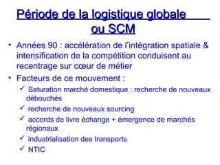 Période de la logistique globalePériode de la logistique globale
ou SCMou SCM
• Années 90 : accélération de l’intégration spatiale &
intensification de la compétition conduisent au
recentrage sur cœur de métier
• Facteurs de ce mouvement :
 Saturation marché domestique : recherche de nouveaux
débouchés
 recherche de nouveaux sourcing
 accords de livre échange + émergence de marchés
régionaux
 industrialisation des transports
 NTIC
 
