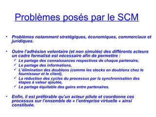 Problèmes posés par le SCM
• Problèmes notamment stratégiques, économiques, commerciaux et
juridiques.
• Outre l’adhésion volontaire (et non simulée) des différents acteurs
un cadre formalisé est nécessaire afin de permettre :
 Le partage des connaissances respectives de chaque partenaire,
 Le partage des informations,
 L’élimination des doublons (comme les stocks en doublons chez le
fournisseur et le client),
 La réduction des cycles du processus par la synchronisation des
étapes à valeur ajoutée,
 Le partage équitable des gains entre partenaires.
• Enfin, il est préférable qu’un acteur pilote et coordonne ces
processus sur l’ensemble de « l’entreprise virtuelle » ainsi
constituée.
 