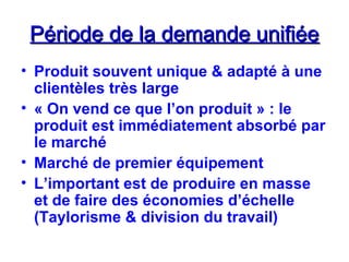 Période de la demande unifiéePériode de la demande unifiée
• Produit souvent unique & adapté à une
clientèles très large
• « On vend ce que l’on produit » : le
produit est immédiatement absorbé par
le marché
• Marché de premier équipement
• L’important est de produire en masse
et de faire des économies d’échelle
(Taylorisme & division du travail)
 
