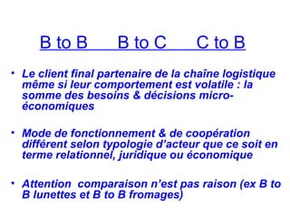 B to B B to C C to B
• Le client final partenaire de la chaîne logistique
même si leur comportement est volatile : la
somme des besoins & décisions micro-
économiques
• Mode de fonctionnement & de coopération
différent selon typologie d’acteur que ce soit en
terme relationnel, juridique ou économique
• Attention comparaison n’est pas raison (ex B to
B lunettes et B to B fromages)
 
