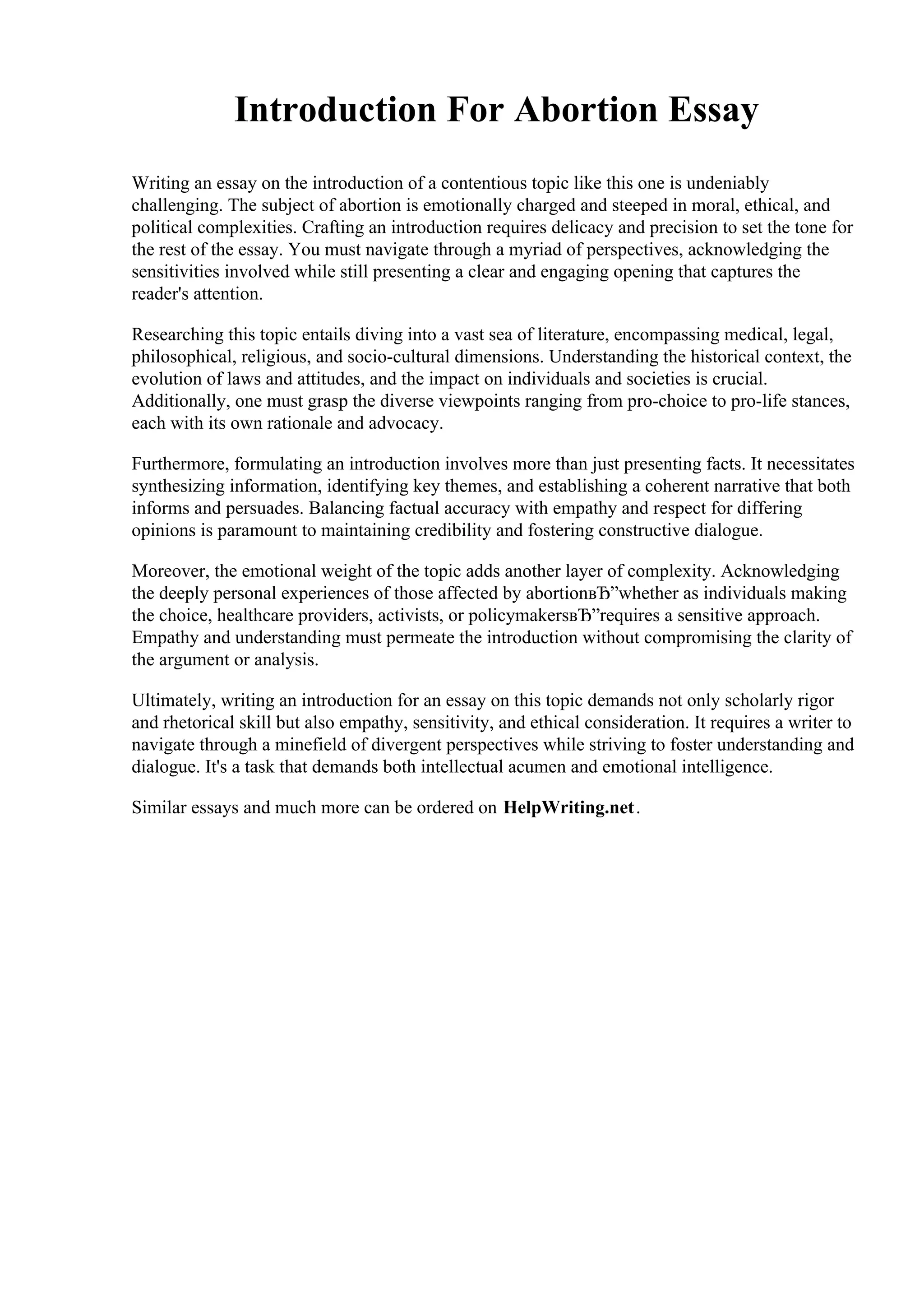 Introduction For Abortion Essay | PDF