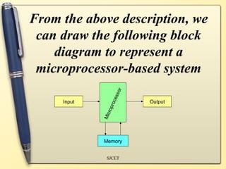 From the above description, we
 can draw the following block
    diagram to represent a
 microprocessor-based system


                      s or
                  ces
     Input                   Output
                pro
                 ro
             Mic




             Memory


               SJCET
 