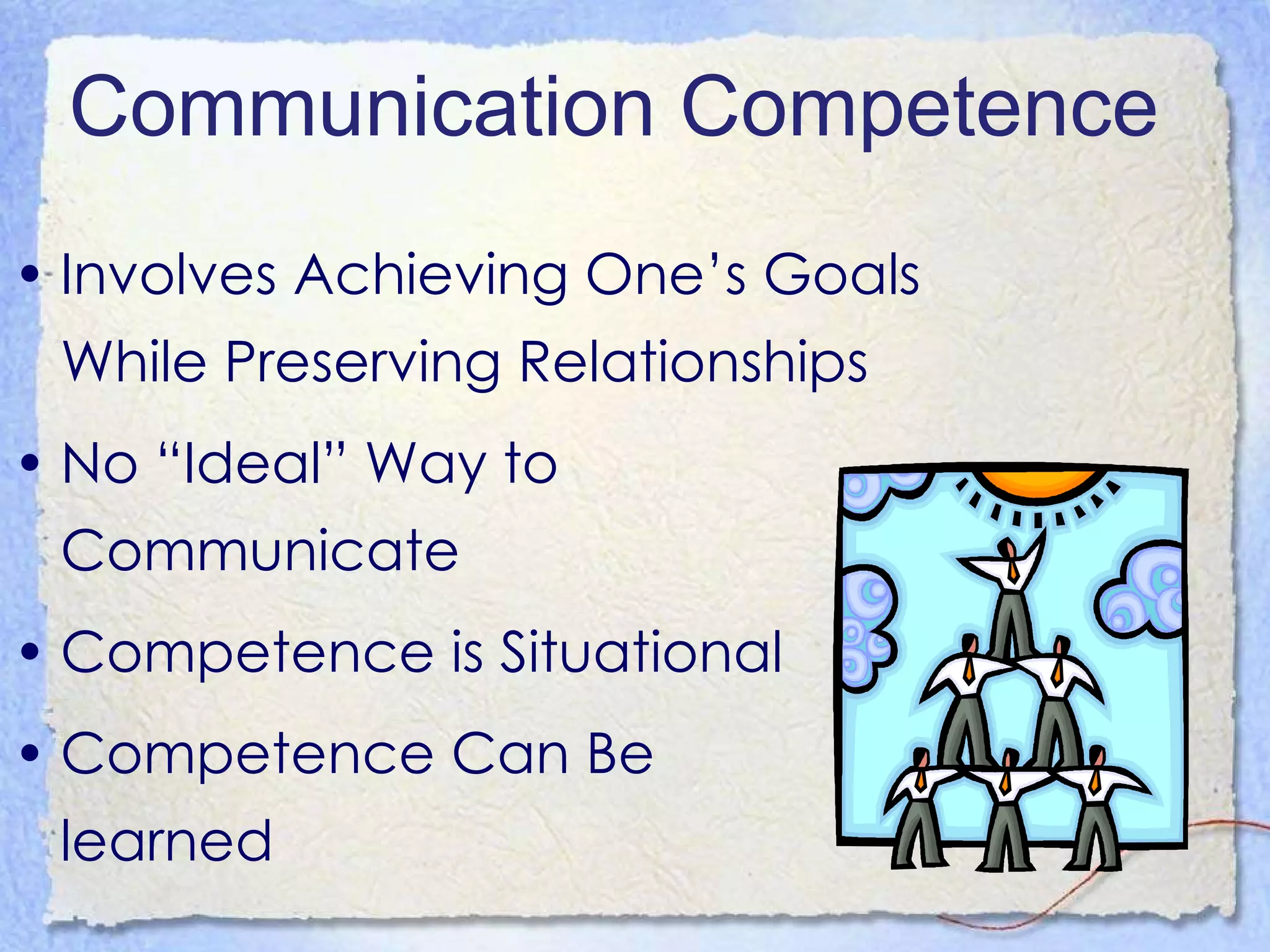 Communication Competence Involves Achieving One’s Goals While Preserving Relationships No “Ideal” Way to Communicate Competence is Situational Competence Can Be  learned 
