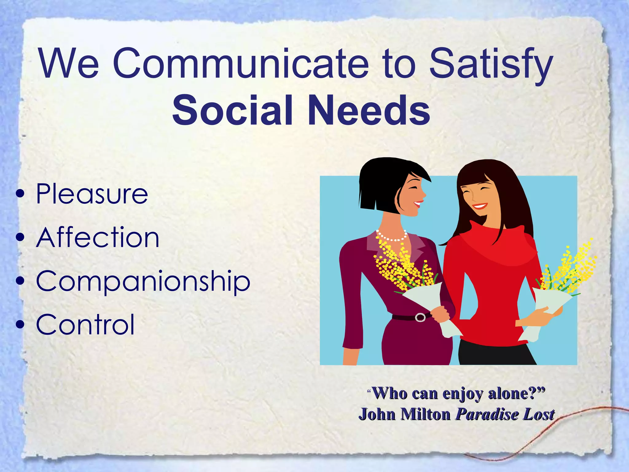 We Communicate to Satisfy  Social Needs Pleasure  Affection Companionship Control “ Who can enjoy alone?” John Milton  Paradise Lost 
