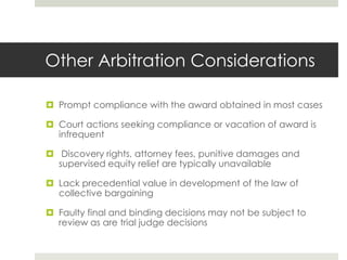 Arbitrator’s expenses for travel, meals and lodgingGrievance MediationHybrid variation between mediation and arbitrationAdvanced in recent years because perception that arbitration is excessively delayed, expensive, or formalisticOccurs after final step – prior to arbitrationMediator may not act as arbitratorMediation discussion  may not be used in arbitrationCommon practice in the public sector