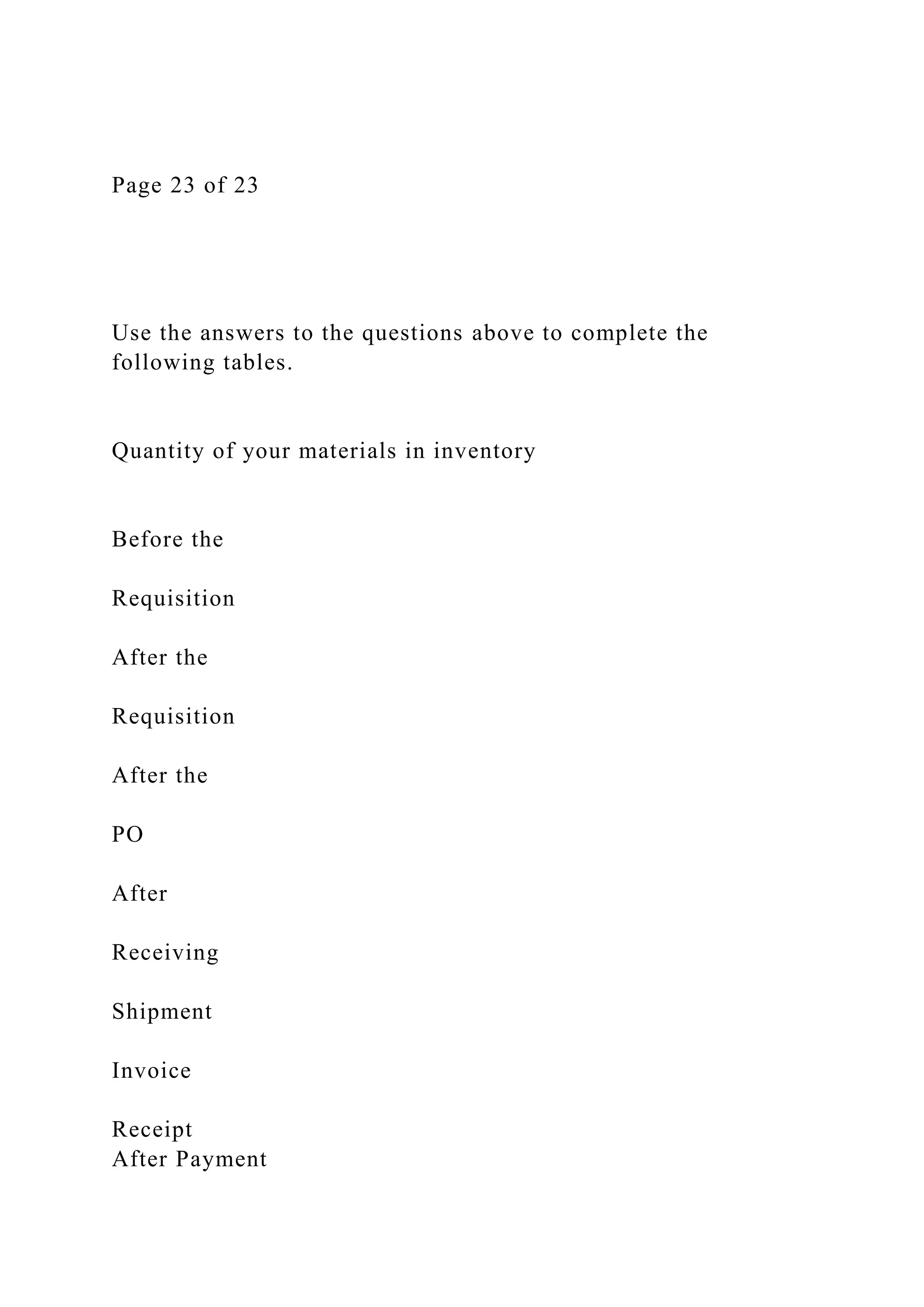 Page 23 of 23
Use the answers to the questions above to complete the
following tables.
Quantity of your materials in inventory
Before the
Requisition
After the
Requisition
After the
PO
After
Receiving
Shipment
Invoice
Receipt
After Payment
 