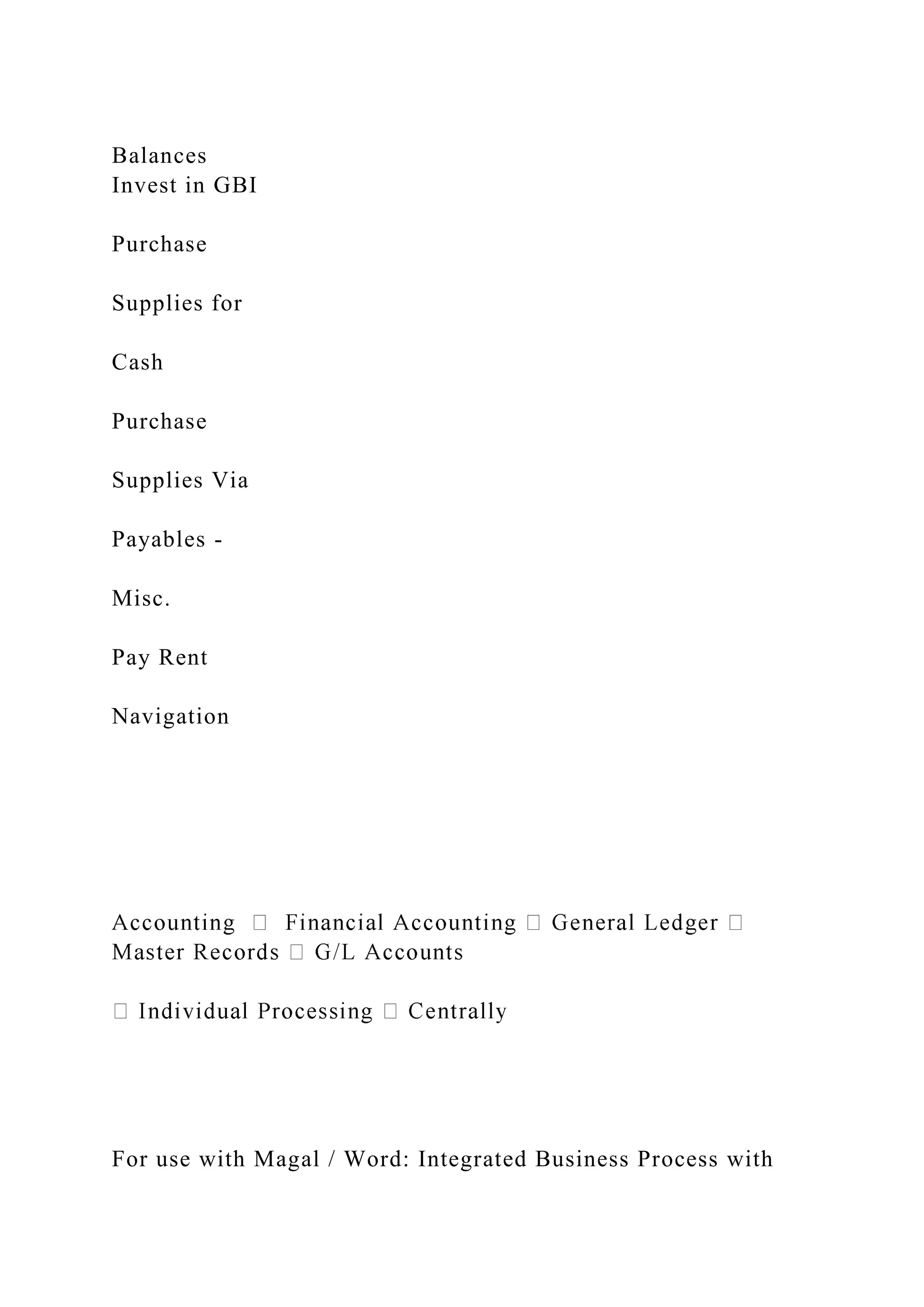 Balances
Invest in GBI
Purchase
Supplies for
Cash
Purchase
Supplies Via
Payables -
Misc.
Pay Rent
Navigation
For use with Magal / Word: Integrated Business Process with
 
