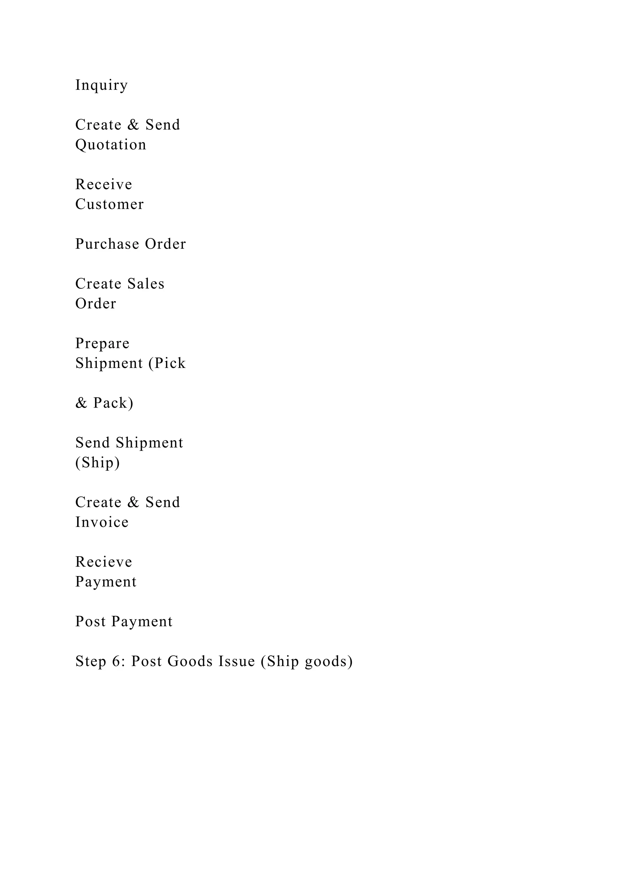 Inquiry
Create & Send
Quotation
Receive
Customer
Purchase Order
Create Sales
Order
Prepare
Shipment (Pick
& Pack)
Send Shipment
(Ship)
Create & Send
Invoice
Recieve
Payment
Post Payment
Step 6: Post Goods Issue (Ship goods)
 
