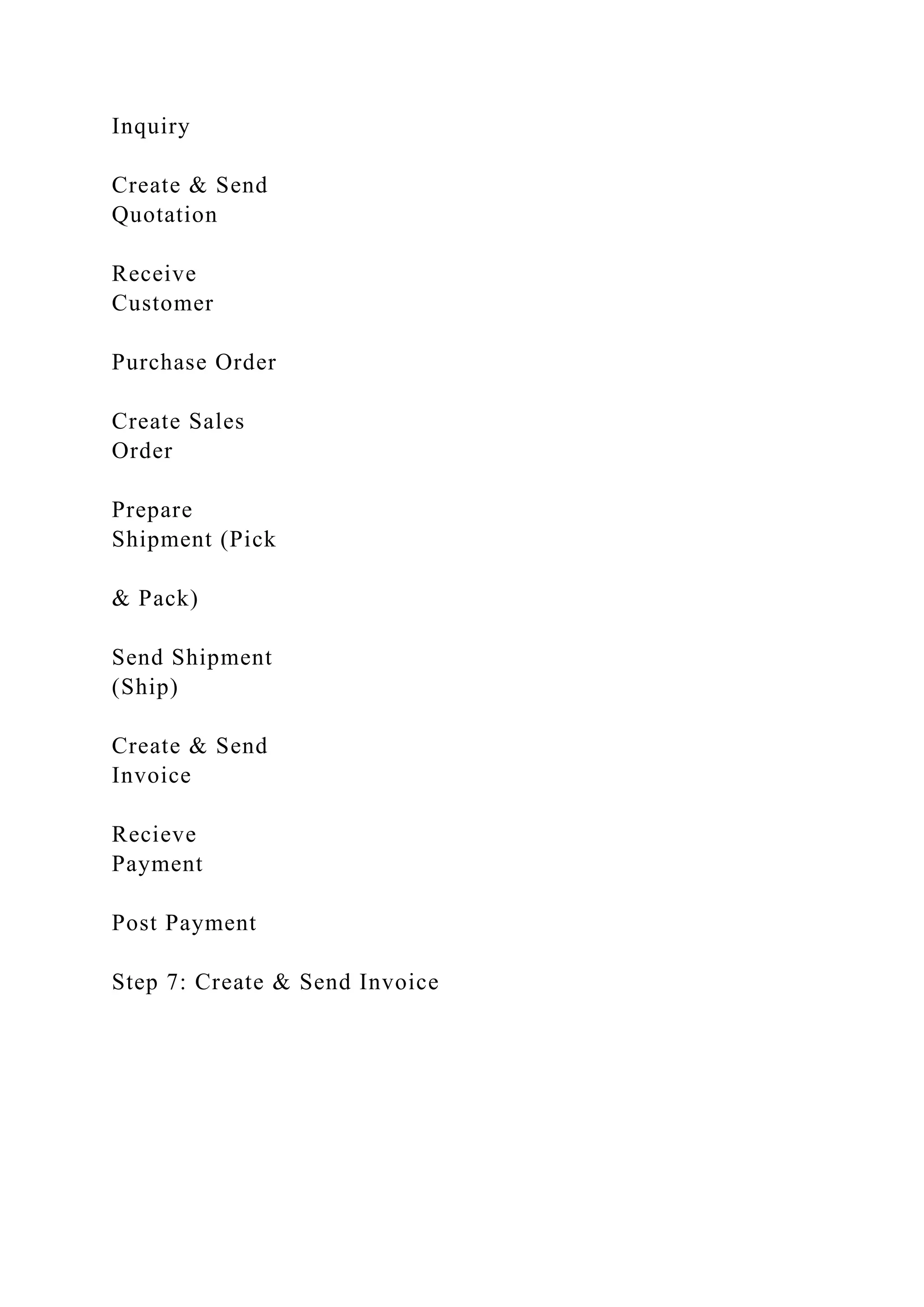 Inquiry
Create & Send
Quotation
Receive
Customer
Purchase Order
Create Sales
Order
Prepare
Shipment (Pick
& Pack)
Send Shipment
(Ship)
Create & Send
Invoice
Recieve
Payment
Post Payment
Step 7: Create & Send Invoice
 