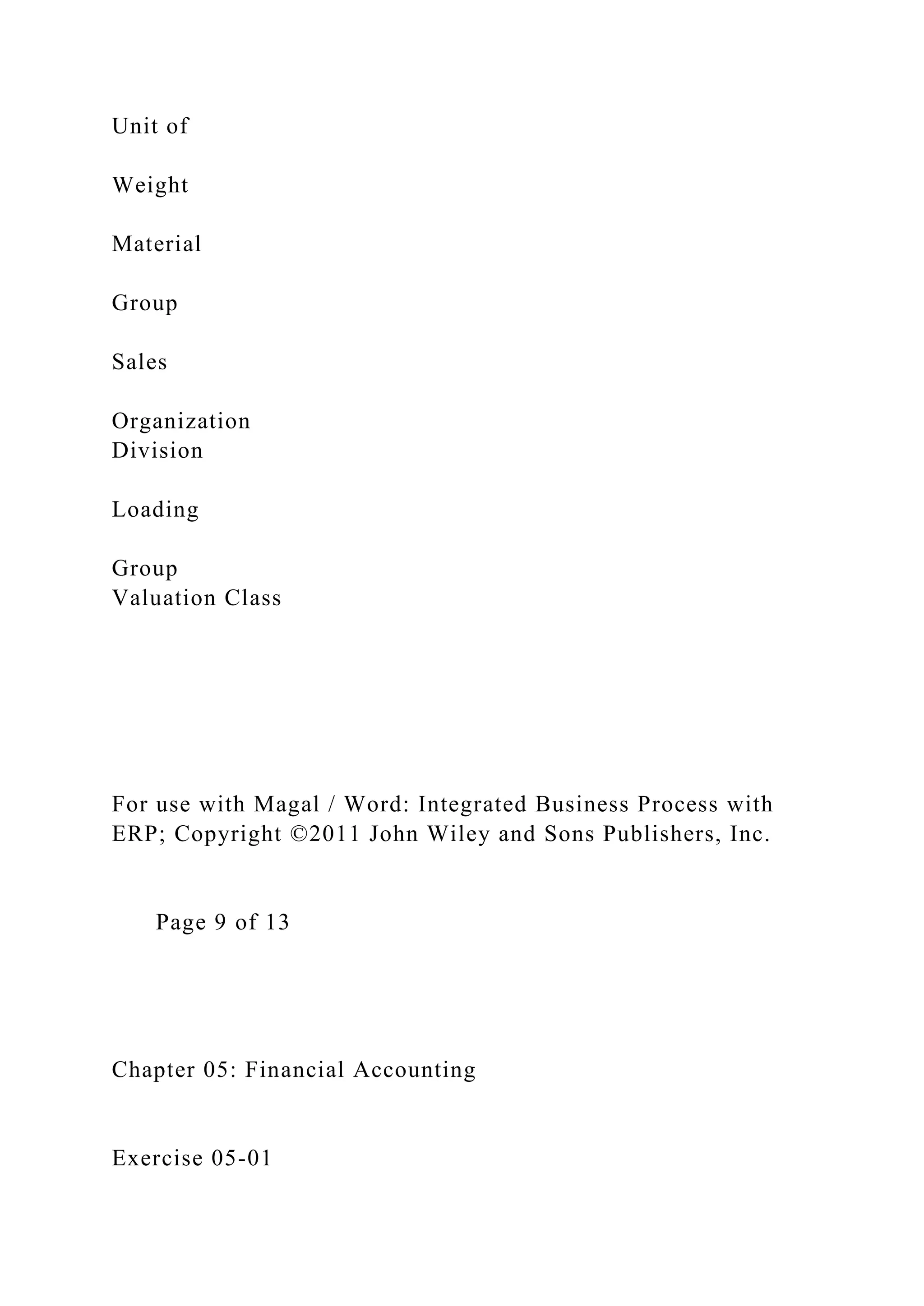 Unit of
Weight
Material
Group
Sales
Organization
Division
Loading
Group
Valuation Class
For use with Magal / Word: Integrated Business Process with
ERP; Copyright ©2011 John Wiley and Sons Publishers, Inc.
Page 9 of 13
Chapter 05: Financial Accounting
Exercise 05-01
 