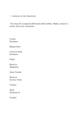 You may be assigned additional deliverables. Make certain to
check with your instructor.
Create
Purchase
Requisition
Creat & Send
Purchase
Order
Receive
Shipment
from Vendor
Receive
Invoice from
Vendor
Send
Payment to
Vendor
 
