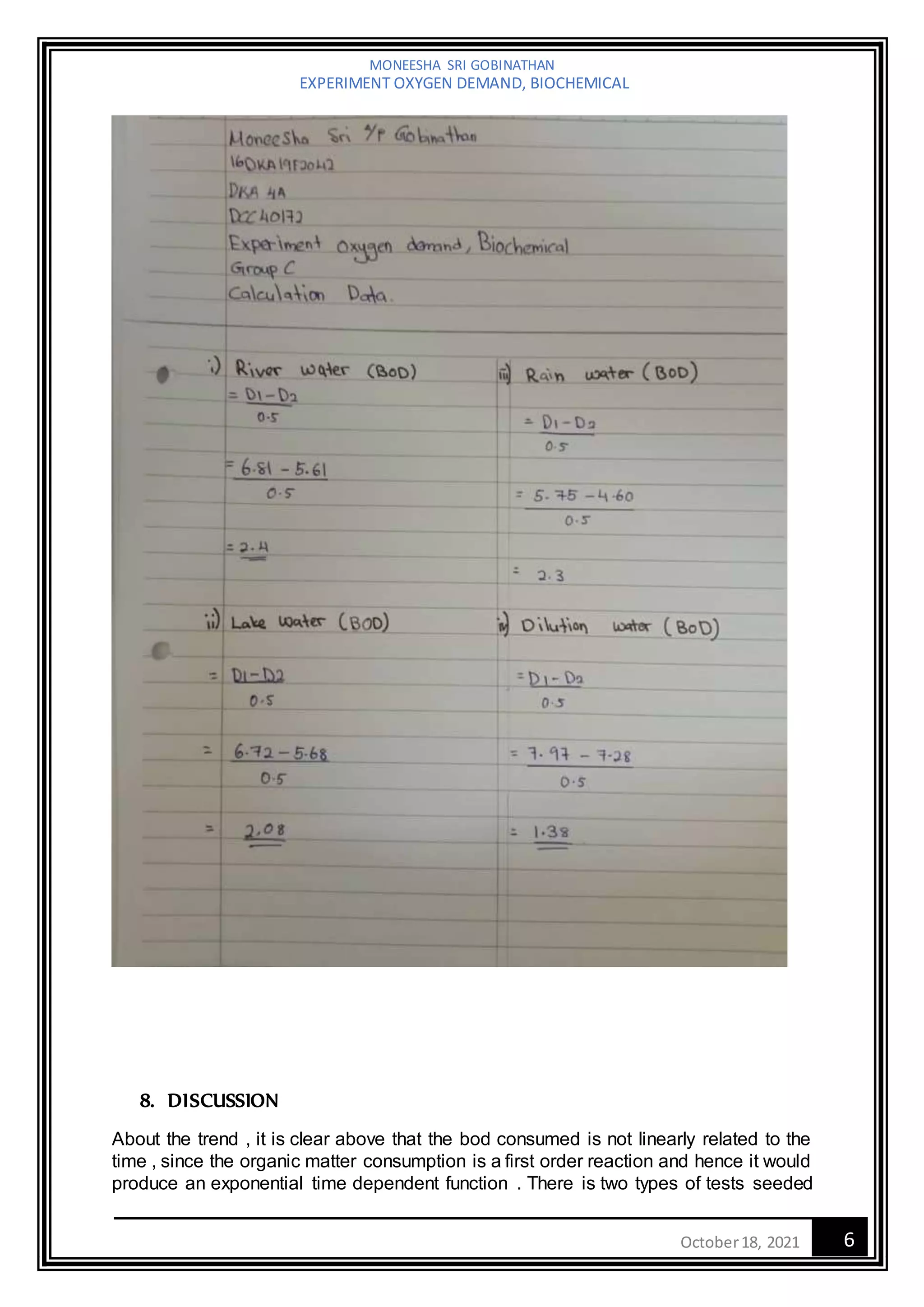 MONEESHA SRI GOBINATHAN
EXPERIMENT OXYGEN DEMAND, BIOCHEMICAL
6
October18, 2021
8. DISCUSSION
About the trend , it is clear above that the bod consumed is not linearly related to the
time , since the organic matter consumption is a first order reaction and hence it would
produce an exponential time dependent function . There is two types of tests seeded
 