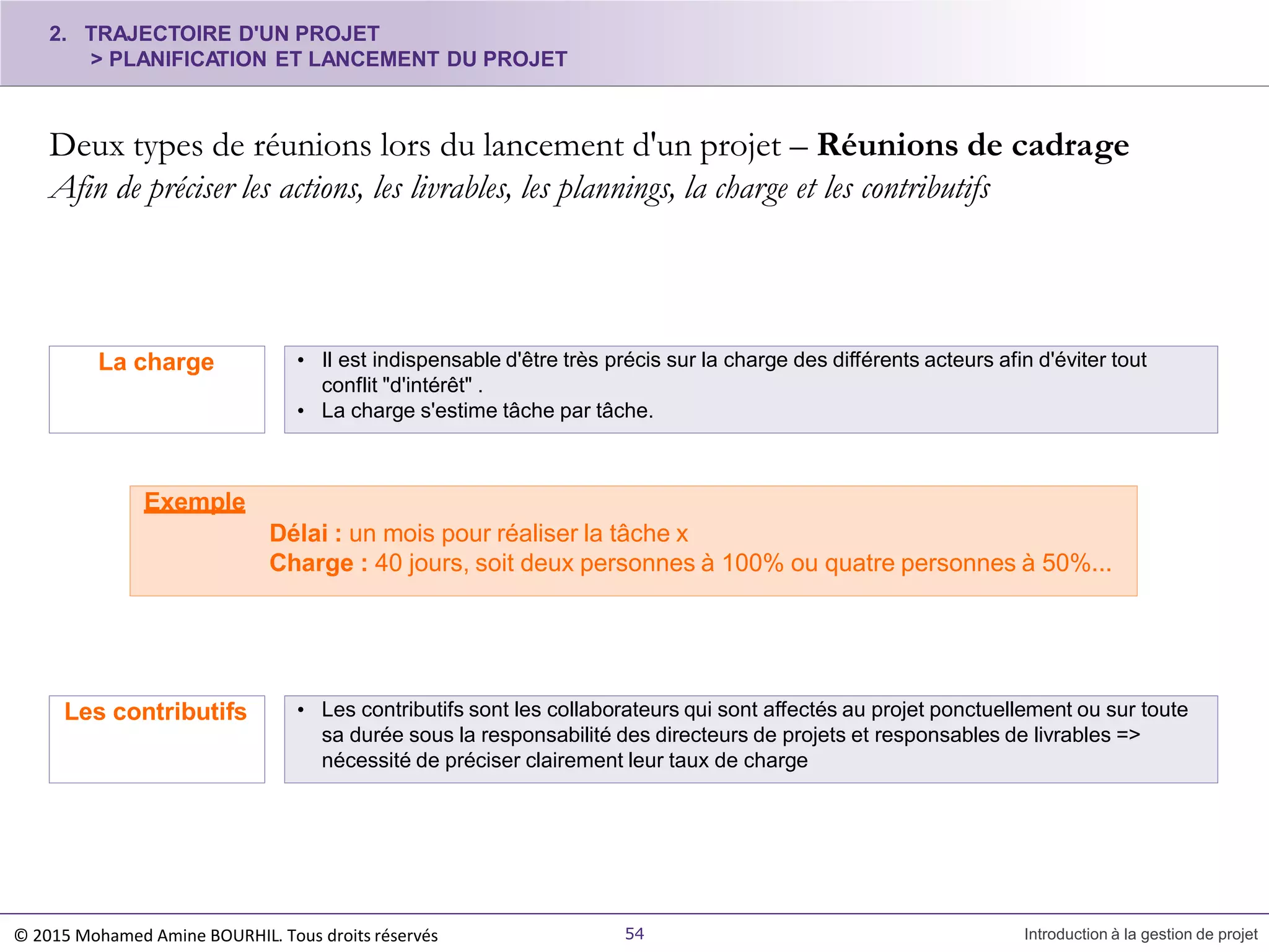 2. TRAJECTOIRE D'UN PROJET
> PLANIFICATION ET LANCEMENT DU PROJET
Deux types de réunions lors du lancement d'un projet – Réunions de cadrage
Afin de préciser les actions, les livrables, les plannings, la charge et les contributifs
© 2015 Mohamed Amine BOURHIL. Tous droits réservés 54 Introduction à la gestion de projet
• Il est indispensable d'être très précis sur la charge des différents acteurs afin d'éviter tout
conflit "d'intérêt" .
• La charge s'estime tâche par tâche.
La charge
• Les contributifs sont les collaborateurs qui sont affectés au projet ponctuellement ou sur toute
sa durée sous la responsabilité des directeurs de projets et responsables de livrables =>
nécessité de préciser clairement leur taux de charge
Les contributifs
Exemple
Délai : un mois pour réaliser la tâche x
Charge : 40 jours, soit deux personnes à 100% ou quatre personnes à 50%...
 