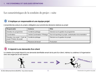 Les caractéristiques de la conduite de projet – suite
Il implique un responsable et une équipe projet
L'ensemble des acteurs du projet a délégation pour prendre les décisions relatives au projet
Il répond à une demande d'un client
La création d'un projet répond à une demande identifiable venant de la part d'un client, intérieur ou extérieur à l'organisation
avec ses exigences et ses besoins
1. VUE D'ENSEMBLE ET QUELQUES DÉFINITIONS
12 Introduction à la gestion de projet© 2015 Mohamed Amine BOURHIL. Tous droits réservés
 