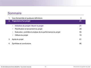 Sommaire
1. Vue d'ensemble et quelques définitions 4
21 Introduction à la gestion de projet
2. Trajectoire d'un projet 21
• Initiation du projet / Avant le projet
• Planification et lancement du projet
• Exécution, contrôle et analyse de la performance du projet
• Clôture du projet
3. Après le projet
4. Synthèse et conclusions
21
28
55
74
81
86
© 2015 Mohamed Amine BOURHIL. Tous droits réservés
 