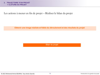 Les actions à mener en fin de projet – Réaliser le bilan du projet
Obtenir une image réaliste et fidèle du déroulement et des résultats du projet
2. TRAJECTOIRE D'UN PROJET
> CLÔTURE DU PROJET
Bilan du projet
© 2015 Mohamed Amine BOURHIL. Tous droits réservés 79 Introduction à la gestion de projet
 