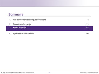 Sommaire
1. Vue d'ensemble et quelques définitions
© 2015 Mohamed Amine BOURHIL. Tous droits réservés 82 Introduction à la gestion de projet
2. Trajectoire d'un projet 21
3. Après le projet 81
4. Synthèse et conclusions 86
4
 