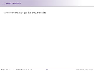 Exemple d'outils de gestion documentaire
© 2015 Mohamed Amine BOURHIL. Tous droits réservés 86 Introduction à la gestion de projet
3. APRÈS LE PROJET
 