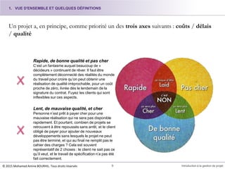 Un projet a, en principe, comme priorité un des trois axes suivants : coûts / délais
/ qualité
Rapide, de bonne qualité et pas cher
C’est un fantasme auquel beaucoup de «
décideurs » continuent de rêver. Il faut être
complètement déconnecté des réalités du monde
du travail pour croire qu’on peut obtenir une
réalisation de qualité irréprochable, pour un coût
proche de zéro, livrée dès le lendemain de la
signature du contrat. Fuyez les clients qui sont
inflexibles sur ces aspects.
Lent, de mauvaise qualité, et cher
Personne n’est prêt à payer cher pour une
mauvaise réalisation qui ne sera pas disponible
rapidement. Et pourtant, combien de projets se
retrouvent à être repoussés sans arrêt, et le client
obligé de payer pour ajouter de nouveaux
développements sans lesquels le projet ne peut
pas être terminé, et qui au final ne remplit pas le
cahier des charges ? Cela est souvent
représentatif de 2 choses : le client ne sait pas ce
qu’il veut, et le travail de spécification n’a pas été
fait correctement.
1. VUE D'ENSEMBLE ET QUELQUES DÉFINITIONS
9 Introduction à la gestion de projet© 2015 Mohamed Amine BOURHIL. Tous droits réservés
 