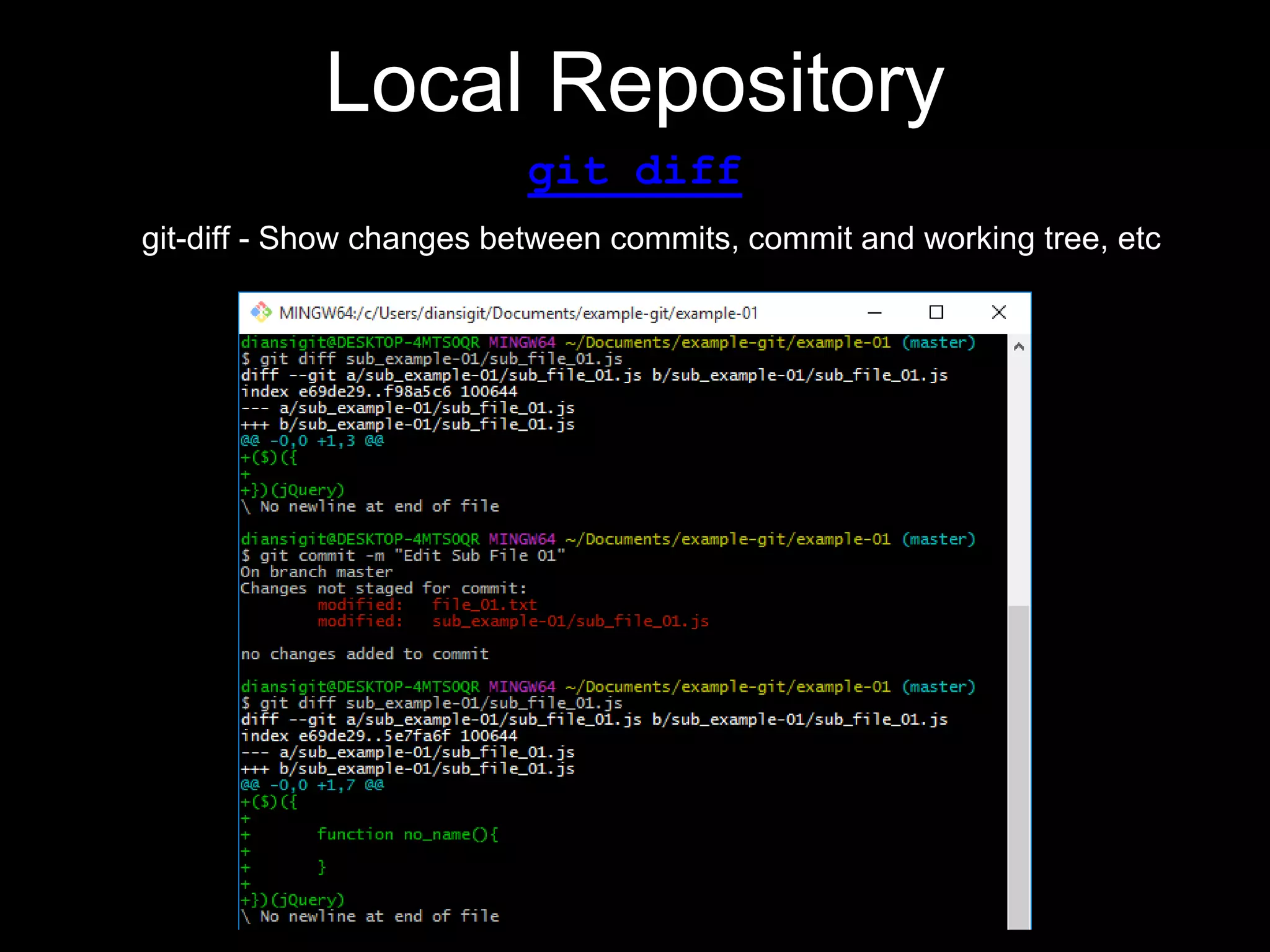 Local Repository
git diff
git-diff - Show changes between commits, commit and working tree, etc
 