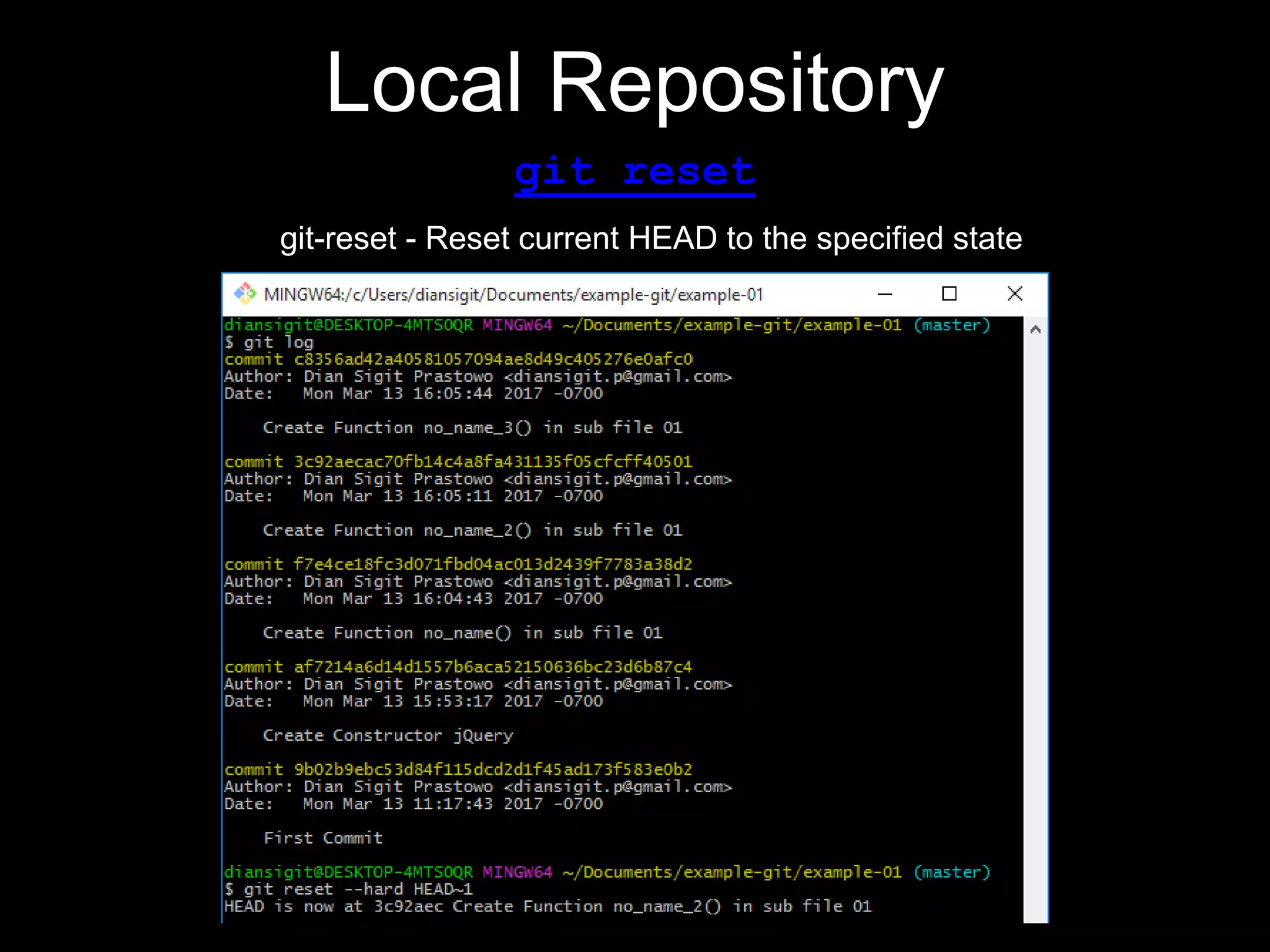 Local Repository
git reset
git-reset - Reset current HEAD to the specified state
 