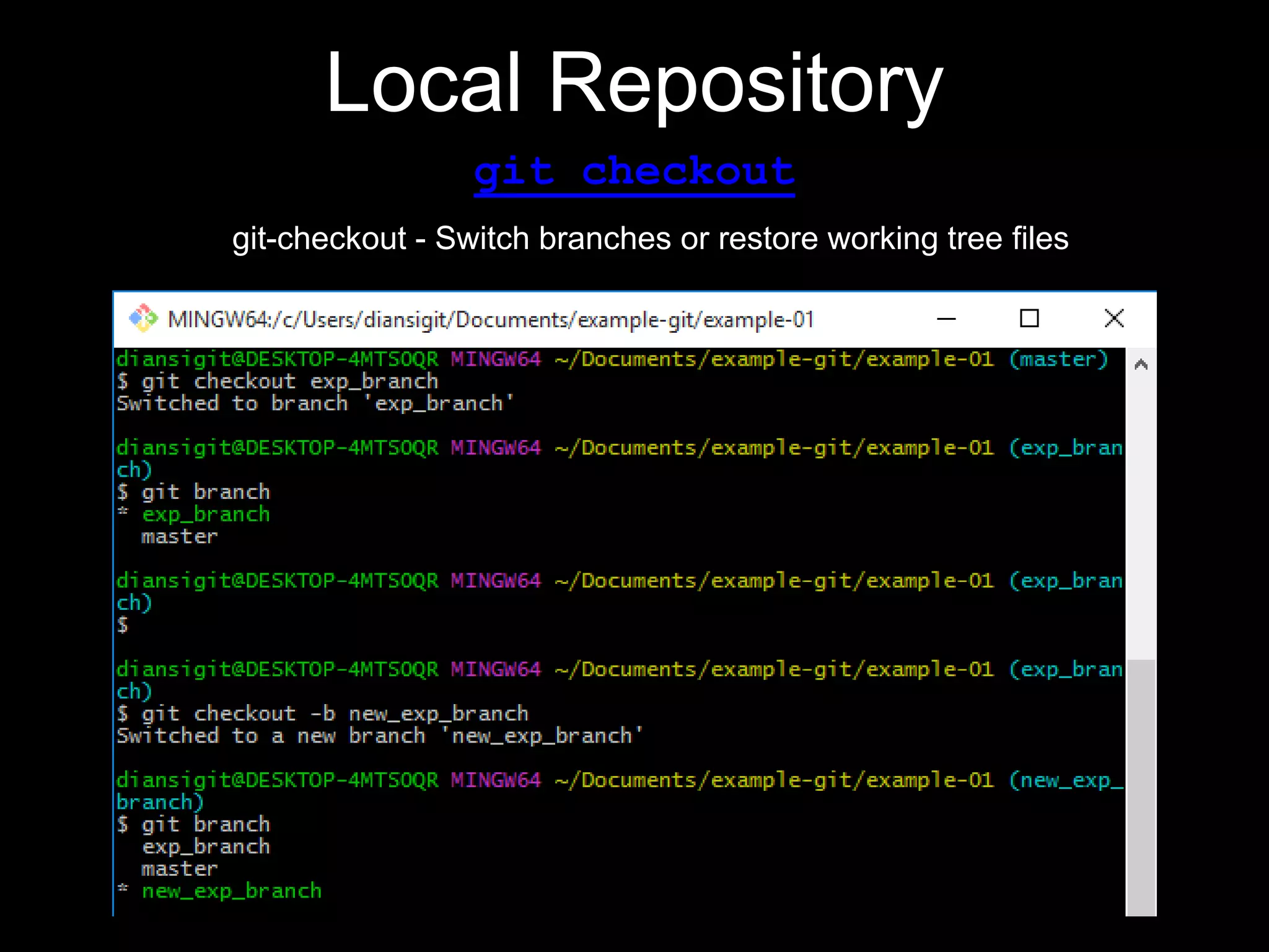 Local Repository
git checkout
git-checkout - Switch branches or restore working tree files
 