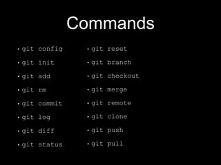 Commands
• git config
• git init
• git add
• git rm
• git commit
• git log
• git diff
• git status
• git reset
• git branch
• git checkout
• git merge
• git remote
• git clone
• git push
• git pull
 