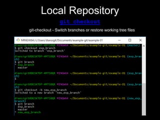 Local Repository
git checkout
git-checkout - Switch branches or restore working tree files
 