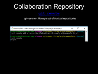 Collaboration Repository
git remote
git-remote - Manage set of tracked repositories
 
