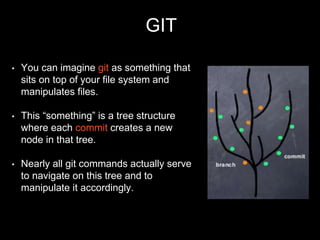GIT
• You can imagine git as something that
sits on top of your file system and
manipulates files.
• This “something” is a tree structure
where each commit creates a new
node in that tree.
• Nearly all git commands actually serve
to navigate on this tree and to
manipulate it accordingly.
 