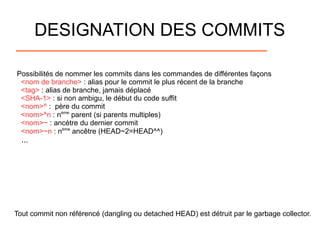 DESIGNATION DES COMMITS
Possibilités de nommer les commits dans les commandes de différentes façons
<nom de branche> : alias pour le commit le plus récent de la branche
<tag> : alias de branche, jamais déplacé
<SHA-1> : si non ambigu, le début du code suffit
<nom>^ : père du commit
<nom>^n : nème
parent (si parents multiples)
<nom>~ : ancètre du dernier commit
<nom>~n : nème
ancêtre (HEAD~2=HEAD^^)
...
Tout commit non référencé (dangling ou detached HEAD) est détruit par le garbage collector.
 