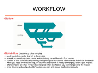 WORKFLOW
Git flow
GitHub flow (beaucoup plus simple)
→ anything in the master branch is deployable
→ to work on something new, create a descriptively named branch off of master
→ commit to that branch locally and regularly push your work to the same names branch on the server
→ when you need feedback or help, or you think the branch is ready for merging, open a pull request
→ after someone else has reviewed and signed off on the feature you can merge it into the master
→ once it is merged and pushed to 'master', you can and should deploy immediately
 