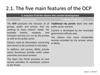 2.1. The five main features of the OCP 3. Inclusion of all the citizens into content development OpenCityPortal Traditional Approach The  OCP  promotes the inclusion of all groups, public and private, that are working to meet citizens' needs. For example schools, hospitals, and transport services are run by the private as well as the public sector.  Citizens need all information concerning one service to be accessed in one place. In addition, civil society, NGOs, private sector businesses provide useful urban amenities and social services.  The Open City Portal promote all such service providers to contribute content to the Portal.  Traditional city portals  deals only with public sector services.  Content is developed by the municipal government officials only.  The citizens miss many comparable services provided by the private sector or NGOs. 