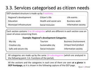 3.3. Services categorised as citizen needs OCP standard structure is made up by  9 sections . Citizen’s life Life events Regional’s development Education Business work Health and social care Municipal infrastructure Social Inclusion Information society Tourism Business Environment My city Creative city Unique local product Sustainable city Safe and secure city Social Inclusion Information society Example: Regional’s development Categories All categories are made up by the same  14 subcategories  (which are analyzed in the following point: 3.4. Functions of the portal).  Each section contains  9 to 10 categories  which are different in each section case an cover all areas concerning them.  All the sections and the categories in each one of them are seen  at a glance  in  OCP frontpage,  as it is shown in the following capture of the OCP page.  