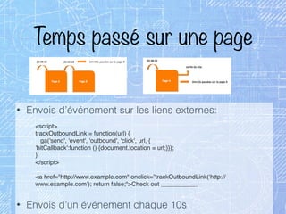 Temps passé sur une page
• Envois d’événement sur les liens externes:
• Envois d’un événement chaque 10s
<script>
trackOutboundLink = function(url) {
ga('send', 'event', 'outbound', 'click', url, {
'hitCallback':function () {document.location = url;}});
}
</script>
<a href="http://www.example.com" onclick=”trackOutboundLink(‘http://
www.example.com’); return false;">Check out
 