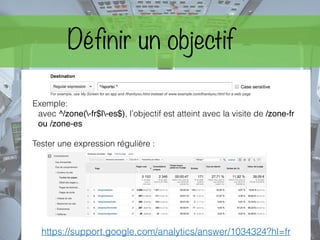 Exemple:
avec ^/zone(-fr$|-es$), l’objectif est atteint avec la visite de /zone-fr
ou /zone-es
Tester une expression régulière :
https://support.google.com/analytics/answer/1034324?hl=fr
Définir un objectif
 
