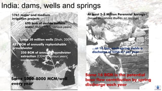 At least 2-3 Million Perennial Springs
(based on various studies on springs)
452 BCM of annually replenishable
groundwater
India: dams, wells and springs
Some 5000-8000 MCM/well
every year
…at 10 lpm, each spring yields a
discharge of 5256 m3 per year
Some 16 BCM is the potential
base flow contribution by spring
discharge each year
1761 major and medium
irrigation projects
690 bcm of usable surface
water (India WRIS, various years)
Some 30 million wells (Shah, 2009)
250 BCM of annual groundwater
extraction (CGWB, various years’
assessments)
 