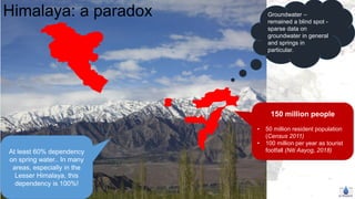 Groundwater –
remained a blind spot -
sparse data on
groundwater in general
and springs in
particular.
At least 60% dependency
on spring water.. In many
areas, especially in the
Lesser Himalaya, this
dependency is 100%!
Himalaya: a paradox
150 million people
• 50 million resident population
(Census 2011)
• 100 million per year as tourist
footfall (Niti Aayog, 2018)
 