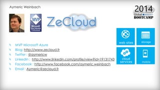 MVP Microsoft Azure
Blog: http://www.zecloud.fr
Twitter : @aymericw
LinkedIn : http://www.linkedin.com/profile/view?id=19131743
Facebook : http://www.facebook.com/aymeric.weinbach
Email : Aymeric@zecloud.fr
Aymeric Weinbach
 