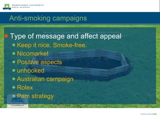 Anti-smoking campaigns Type of message and affect appeal Keep it nice. Smoke-free. Nicomarket Positive aspects unhooked Australian campaign Rolex Pam strategy 